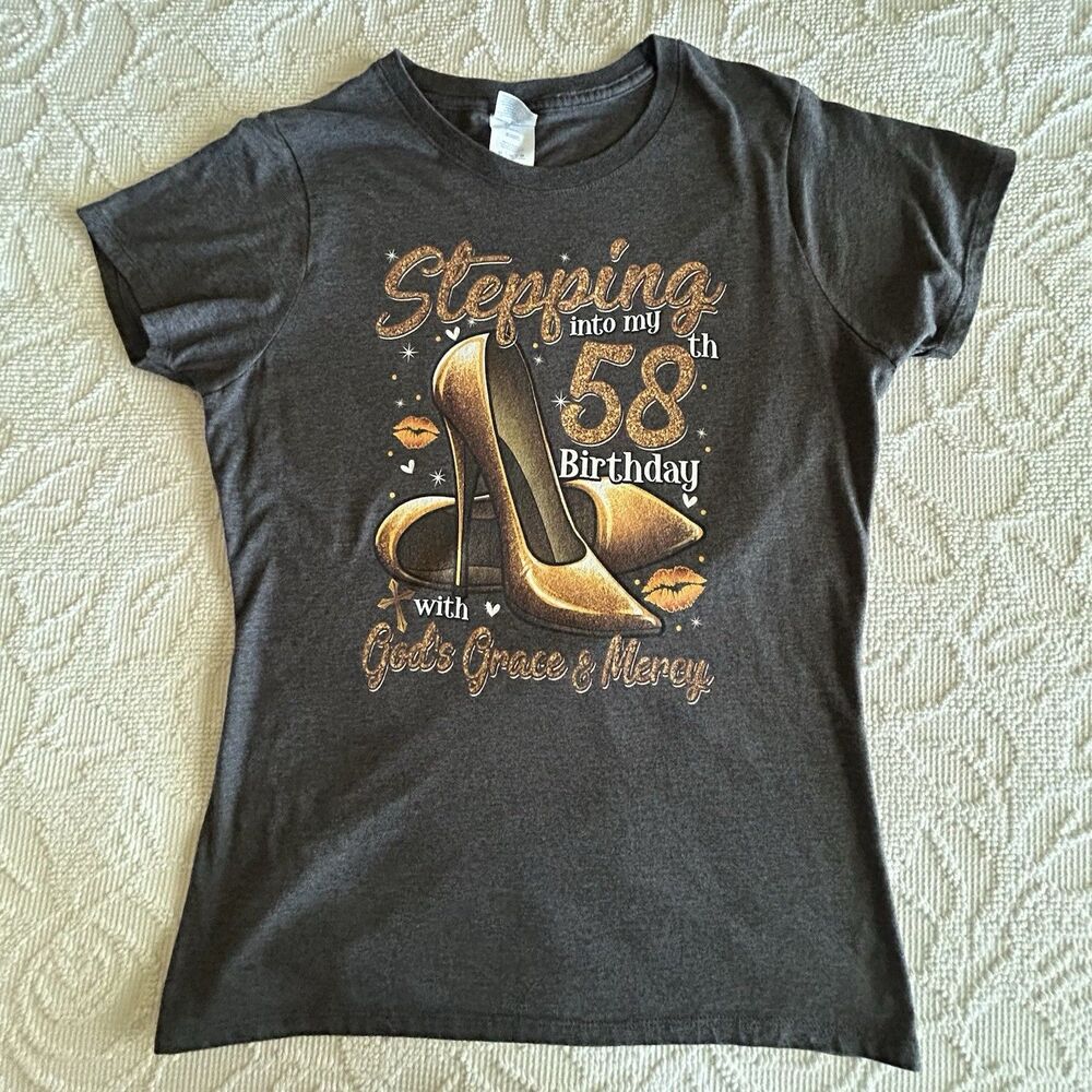 Port & Company Graphic Glitter 58 Birthday T-Shirt Gray Gold Cotton Blend M